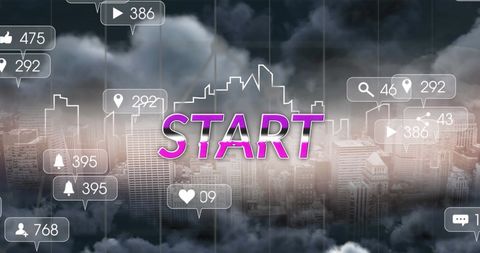 Digital Cityscape with Social Media Icons and Start Button - Download Free Stock Images Pikwizard.com