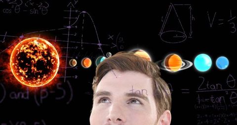 Man Consider Cosmos While Standing Before Solar System and Mathematical Equations