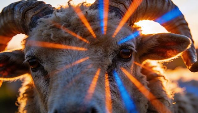 Backlit horned ram closeup with golden hour starburst, curled horns and woolly fleece