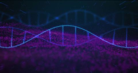 Visualizing DNA Helix on Digital Background in Blue and Purple Hues