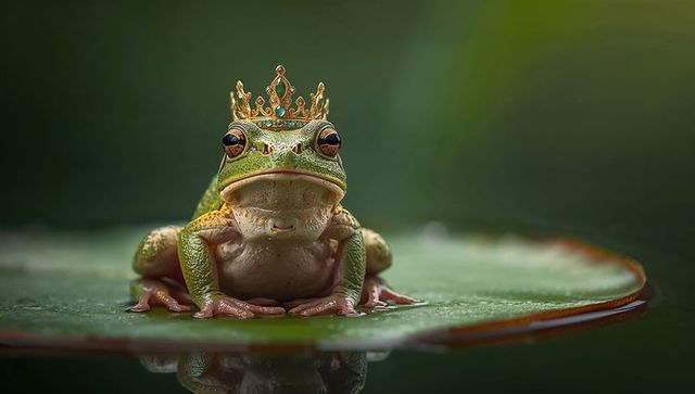 Regal green tree frog wearing jeweled crown on lily pad with water reflection macro