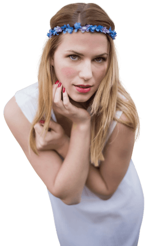 Smiling Woman with Flower Headband on Transparent Background