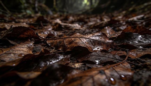 Glistening wet oak leaf resting on forest floor with water droplets macro texture