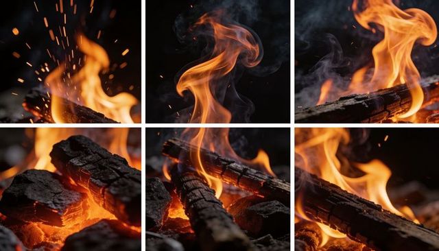 Burning charred logs and glowing embers collage showing sparks, curling smoke and flame