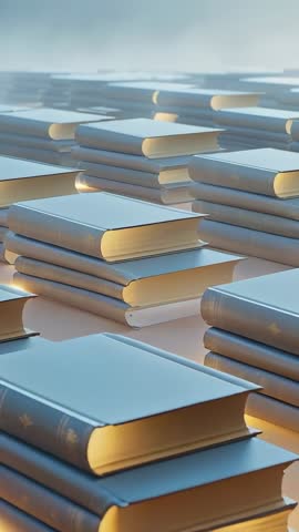 Vertical video revealing stacked hardcover books on studio floor with warm glow and mist ambiance