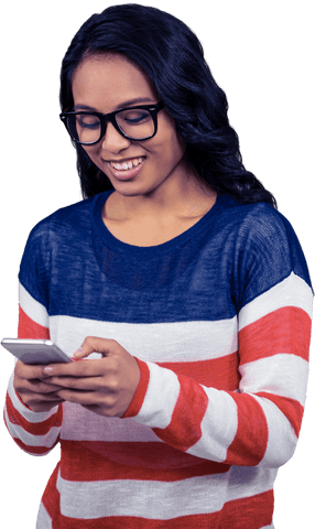 Asian Woman Engaging with Smartphone on Transparent Background