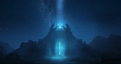 Mysterious Gateway Portal Illuminated by Cosmic Light Beam