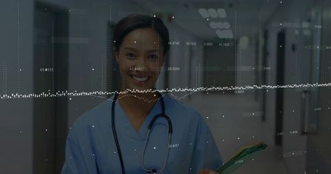 Smiling Nurse Holding Charts with Data Graph Overlay