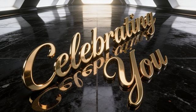 Golden script celebrating you glowing and reflecting on polished black marble floor
