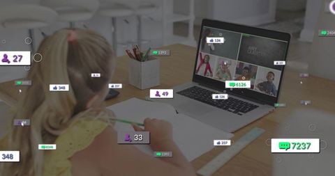 Young girl attending virtual classroom with live chat overlays and laptop workspace