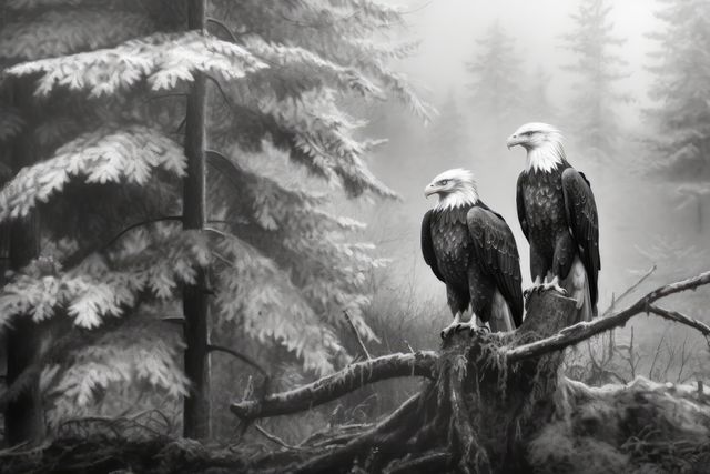 Two majestic bald eagles perch on a branch in a misty forest. Their watchful gaze and regal presence evoke a sense of wilderness and natural beauty.