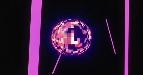 Glowing pixel orb hovering amid magenta neon bars dark backdrop