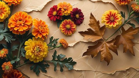 Autumn Floral Arrangement with Marigolds and Oak Leaves on Torn Paper