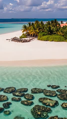 Drone flying toward tropical island beach with palm trees reef rocks jetty vertical video