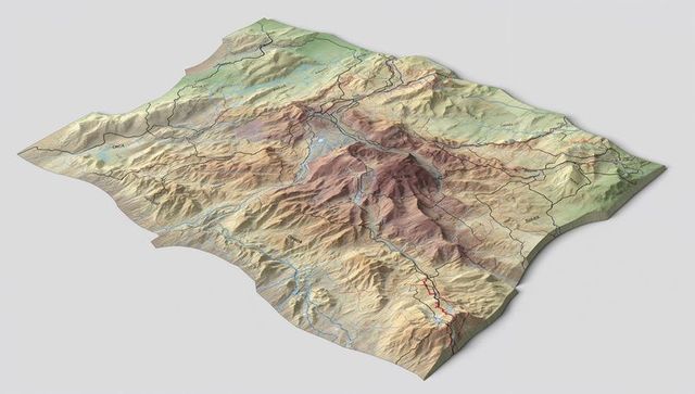 Displaying 3d topographic relief map highlighting mountain massif, rivers and road networks