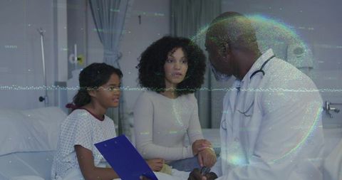 Doctor consulting mother and child at bedside showing caring pediatric support and empathy