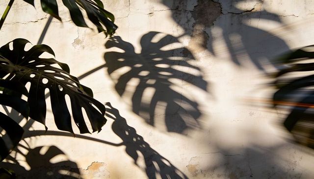 Monstera leaves casting bold shadows on weathered plaster wall