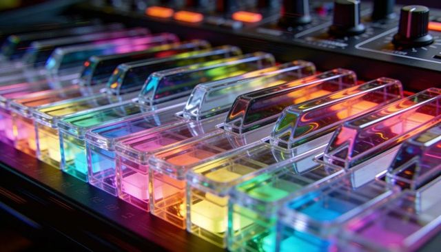 Glowing translucent rgb piano keys revealing led modules on midi controller