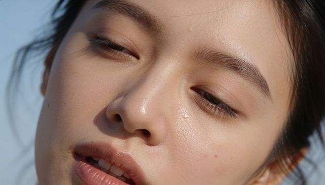 Dewy closeup young woman tilting outdoors under blue sky revealing natural skin texture