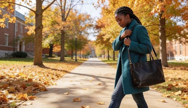 Student walking autumn campus adjusting teal coat strap while carrying leather tote bag