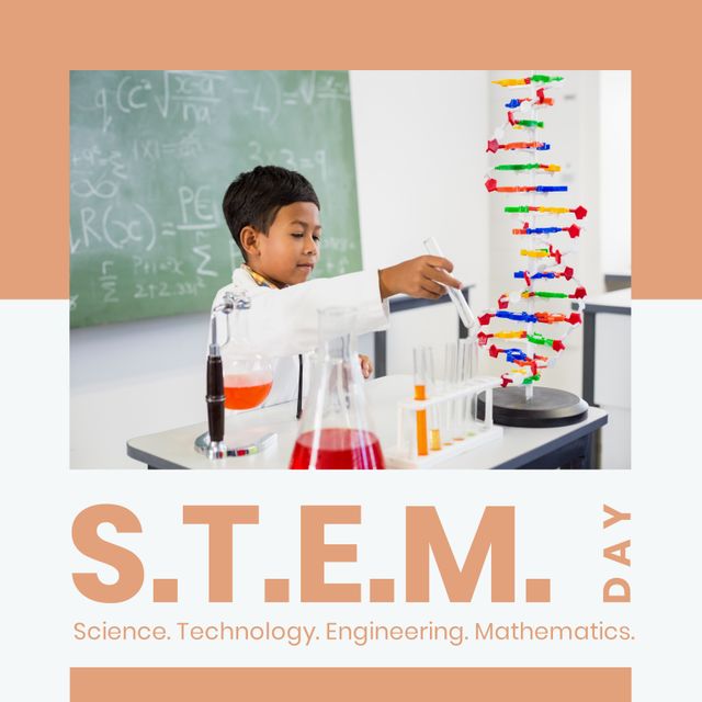 Image of a young biracial boy engaging in a science experiment in a laboratory setting. The student is surrounded by lab equipment, including test tubes, a flask, and a genetic model. Ideal for educational websites, STEM program promotions, school pamphlets, science blogs, and articles related to children's education and diversity in STEM.