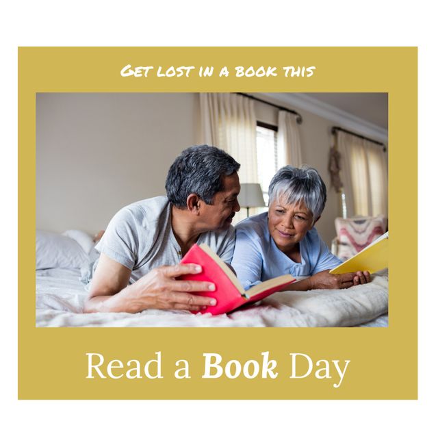 Image shows a senior biracial couple reading books together while lounging on a bed. They appear relaxed and engaged in their reading. This image is suitable for promoting reading habits, senior activities, or book day events. It can be utilized in campaigns that encourage recreational reading, leisure in retirement, or the importance of lifelong learning.