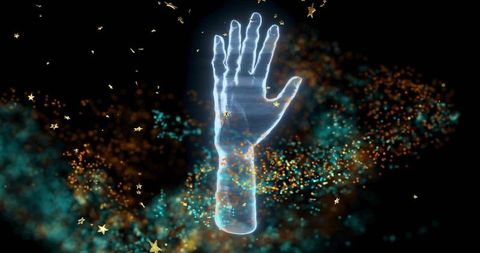 Floating holographic hand surrounded by cosmic particles, neon glow and star confetti