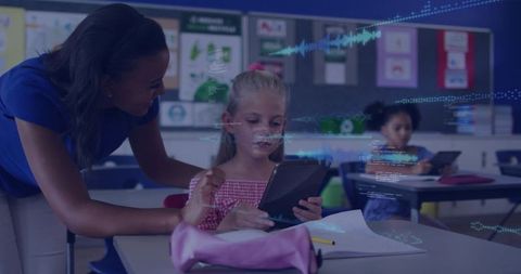 Teacher Guiding Student Using Tablet with Augmented Digital Learning Overlays in Classroom