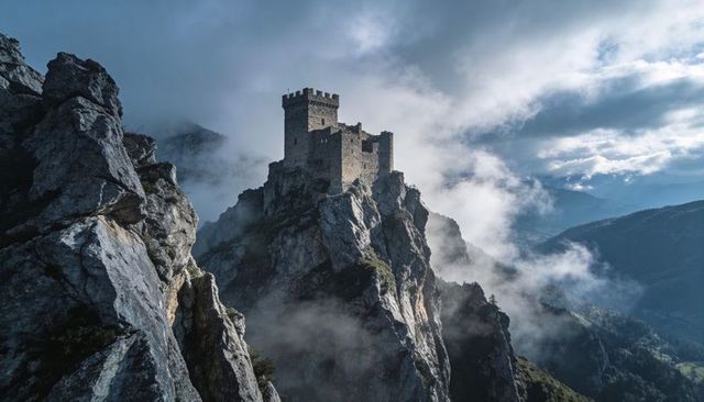 Solitary stone castle perching on jagged mountain peak with swirling mist and moody clouds
