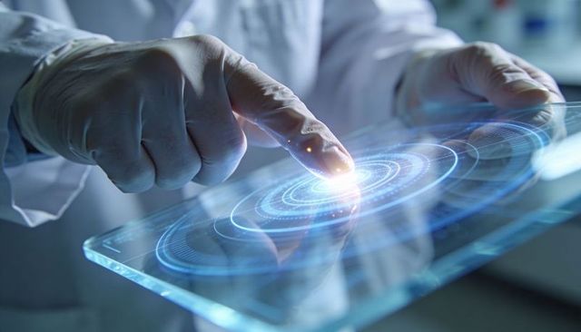 Gloved hand activating blue holographic rings on clear tablet touch interface laboratory