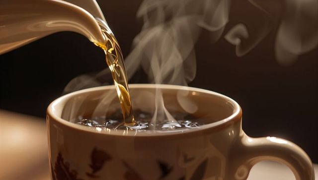Pouring steaming tea into glossy ceramic mug with bird silhouettes on kitchen counter