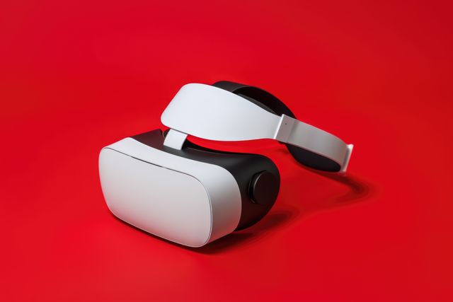 White vr headset on red background with copy space, created using generative ai technology. Virtual reality and digital interface technology concept digitally generated image.