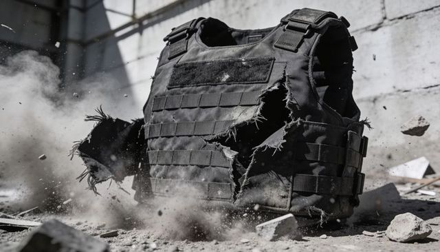 Tactical plate carrier showing shredded panels and flying debris in urban ruins