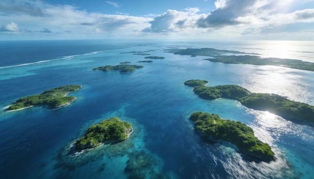Revealing tropical archipelago with turquoise lagoons, coral reefs and sunlit ocean view