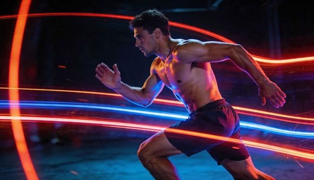 Sprinting athlete charging through neon light trails, dynamic speed and explosive motion