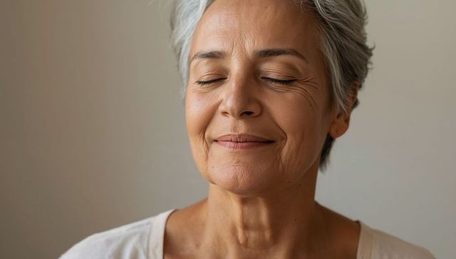 Serene mature woman closing eyes and smiling calmly, short gray hair headshot for wellness
