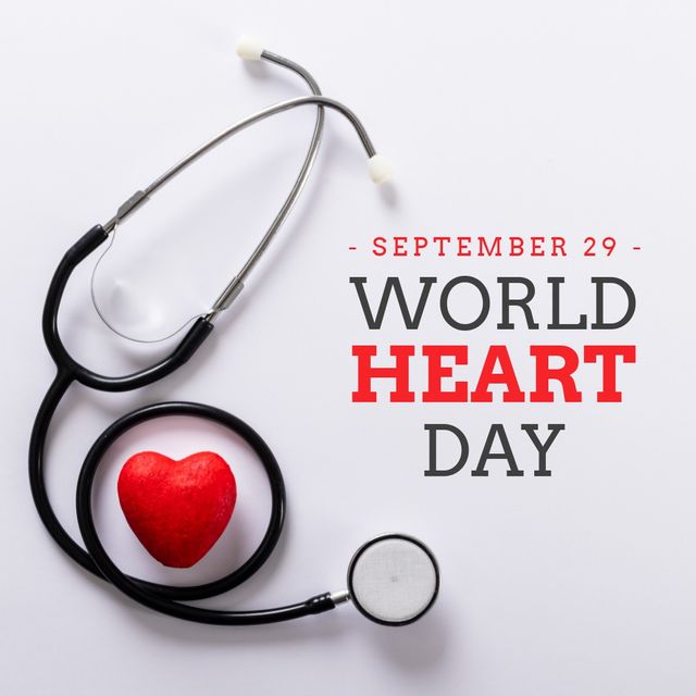 World heart day text banner with red heart and stethoscope against grey background. World heart day awareness concept