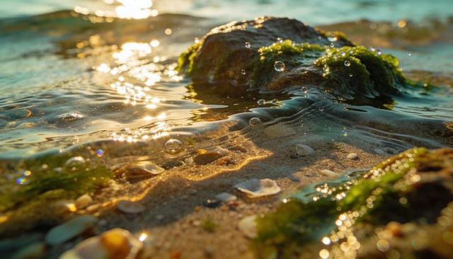 Sunlit tide lapping algae-covered rock on sandy shore with shells, bubbles and ripples