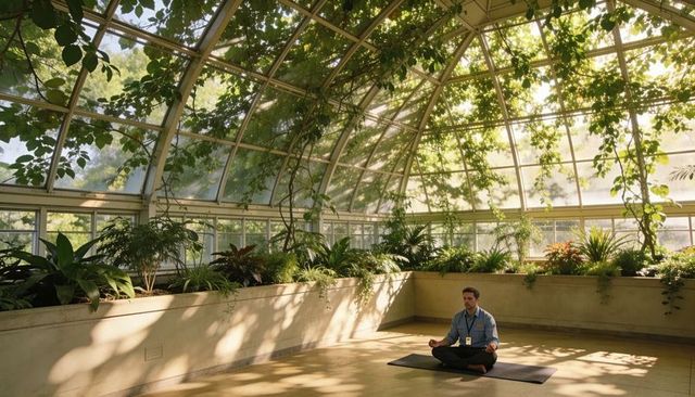 Man meditating crosslegged in sunlit conservatory surrounded by lush plants, id badge