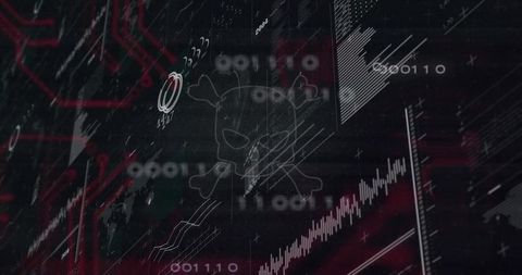 Ghostly Skull and Crossbones Hovering Over Cyber Dashboard with Binary and Rising Chart