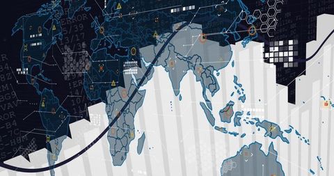 Global data dashboard with rising bar graphs and highlighted risk markers for analytics