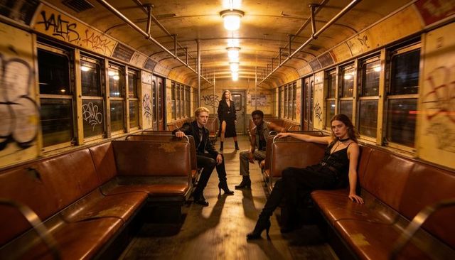 Gritty metro fashion editorial four models wearing boots and leather in vintage subway car