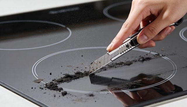 Right hand scraping burnt residue from glass cooktop with utility knife