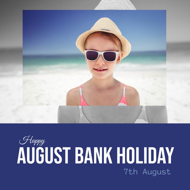 This vibrant and cheerful image featuring a smiling girl wearing sunglasses and a hat on a beach is perfect for promoting August Bank Holiday celebrations. Ideal for social media posts, holiday promotions, event announcements, and family vacation advertisements, it captures the essence of summer fun and relaxation. Use this image to evoke a sense of joy and leisure associated with holiday time.