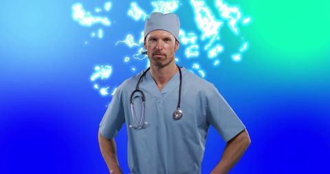 Confident Doctor in Blue Scrubs with Futuristic Medical Background