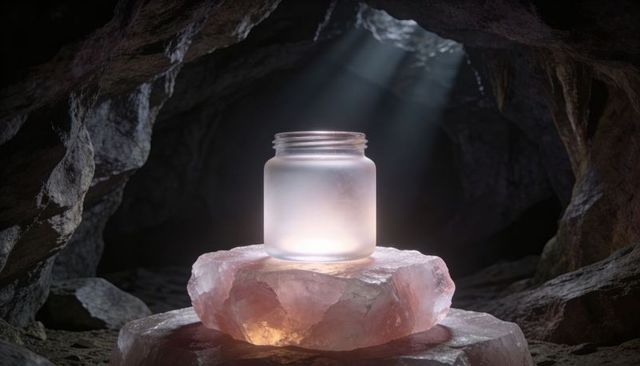Frosted glass jar glowing on rose quartz pedestal in mystic cavern with soft halo light