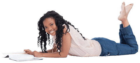 Transparent Woman Relaxing with Magazine Lying on Floor