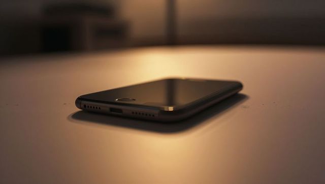 Minimalist smartphone lying on table with dark glass screen and warm ambient glow