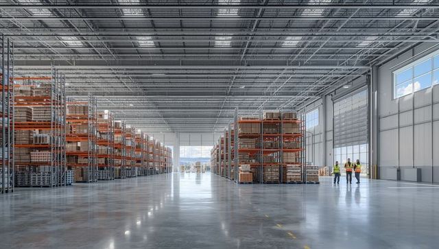 Modern Warehouse Interior with Workers and Metal Racking