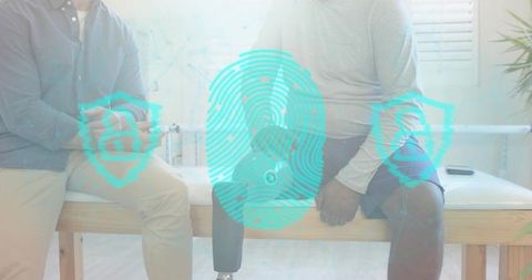 Rehabilitation consultation with prosthetic leg and biometric fingerprint overlay